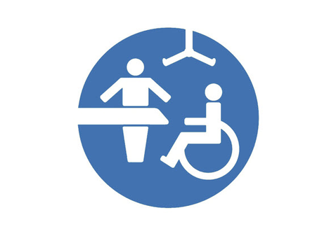 Changing Places UK accessibility symbol depicting a person on an adult changing table with an overhead hoist and a wheelchair user.