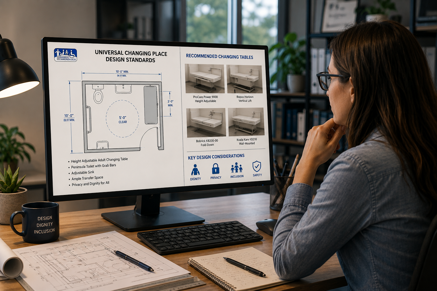 Woman seated at a desk reviewing architectural floor plans and accessible restroom design images on a computer monitor.