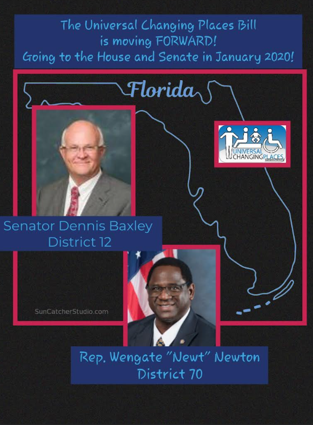 Graphic highlighting Florida's Universal Changing Places advocacy, featuring Senator Dennis Baxley and Representative Montford, with a Florida state outline and Universal Changing Places logo.
