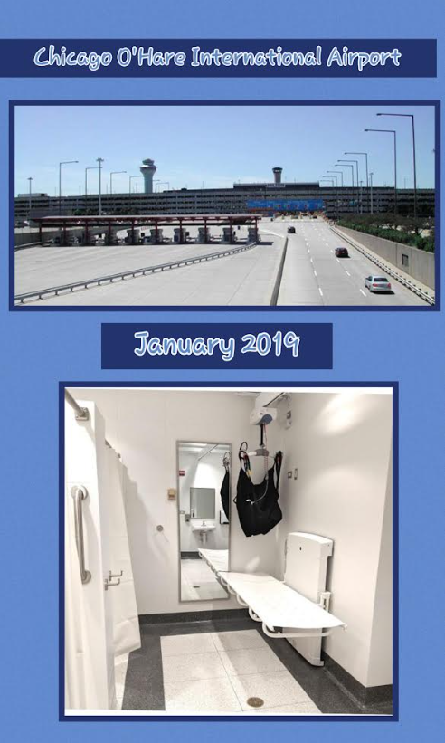 Chicago O’Hare International Airport, January 2019. A collage showing the airport exterior and a companion care restroom equipped with a powered adult changing table.