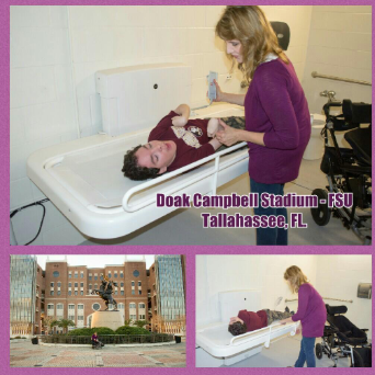 Sabrina Kimball assisting her son, Greyson Channing, on a powered height-adjustable adult changing table at Doak Campbell Stadium in Tallahassee, Florida.