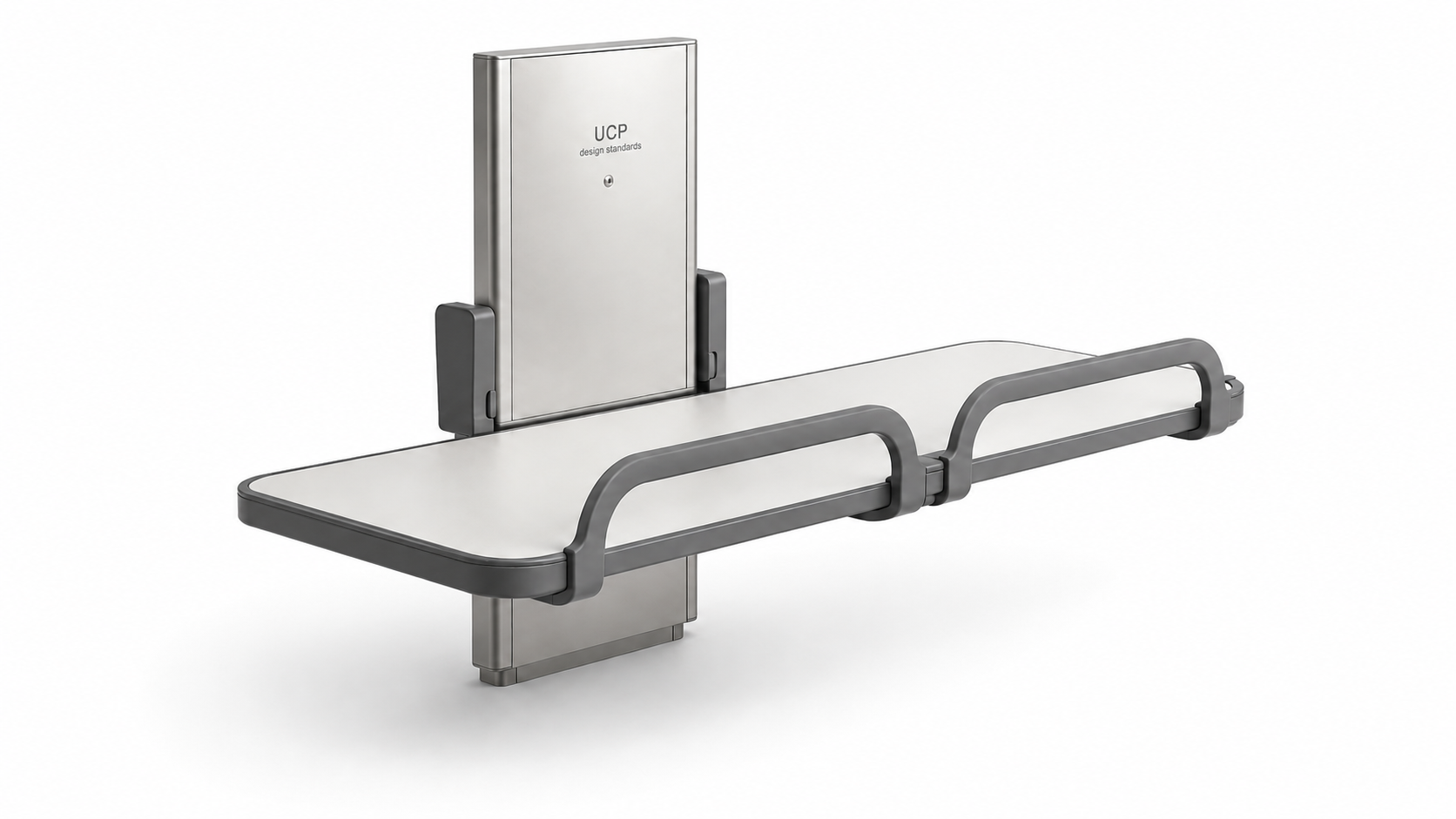 Conceptual rendering of a wall-mounted, powered height-adjustable adult changing table with a horizontal platform and raised safety rails on both sides.
