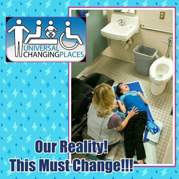 Sabrina Kimball kneels beside her son, Greyson Channing, lying on a public restroom floor to demonstrate the reality of having no accessible adult changing table. The graphic reads, “Our Reality... This Must Change!!!” Copy alt text