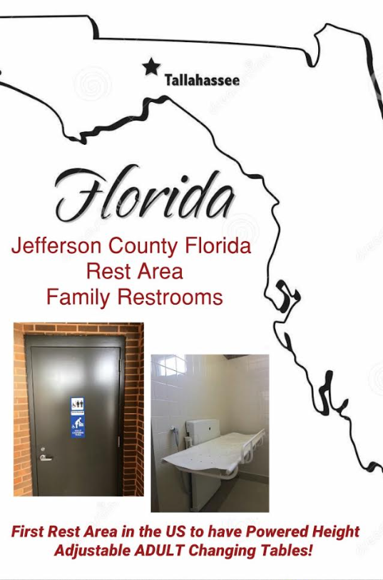 2017 announcement celebrating the installation of a powered height-adjustable adult changing table at the Jefferson County rest area in Florida, with a map and photographs of the facility.