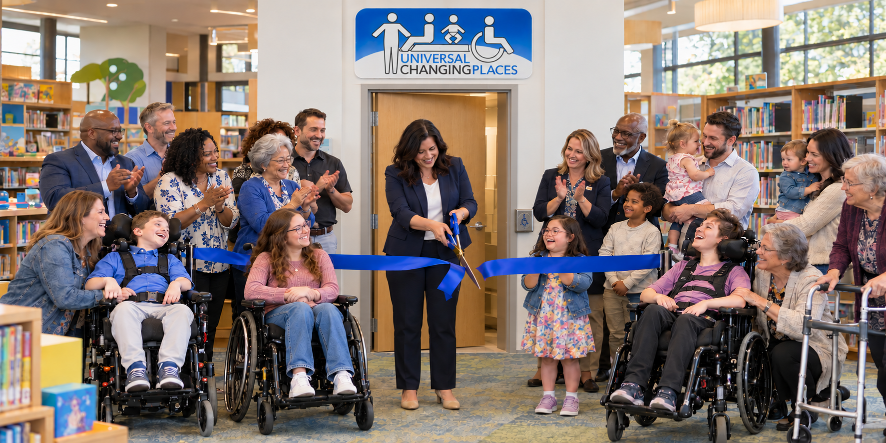 Grand opening of a Universal Changing Places restroom, with community members, including wheelchair users, gathered in a library for a ribbon-cutting ceremony celebrating improved accessibility.