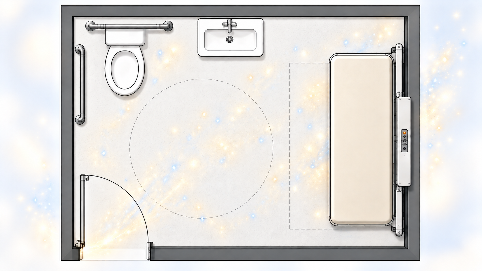 Overhead floor plan of a Universal Changing Place restroom showing a toilet, sink, adult changing table, doorway, and wheelchair maneuvering space.