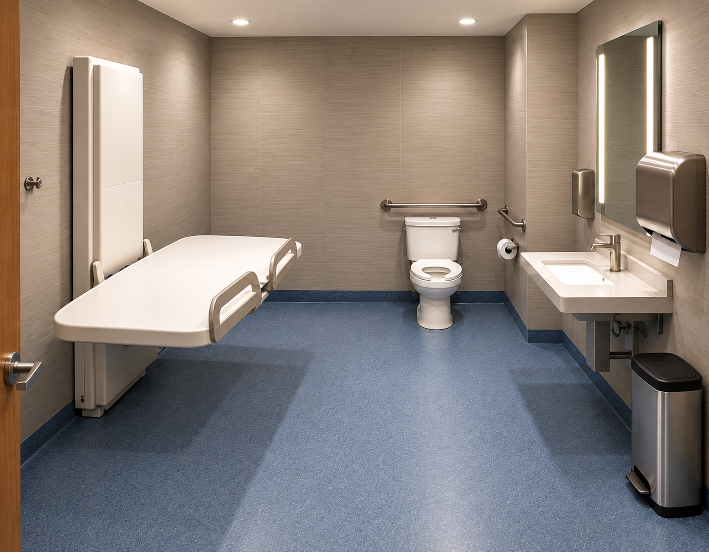 Conceptual rendering of a spacious Universal Changing Place restroom featuring a wall-mounted powered adult changing table with safety rails, an accessible toilet with grab bars, a wall-mounted sink, and generous maneuvering space.